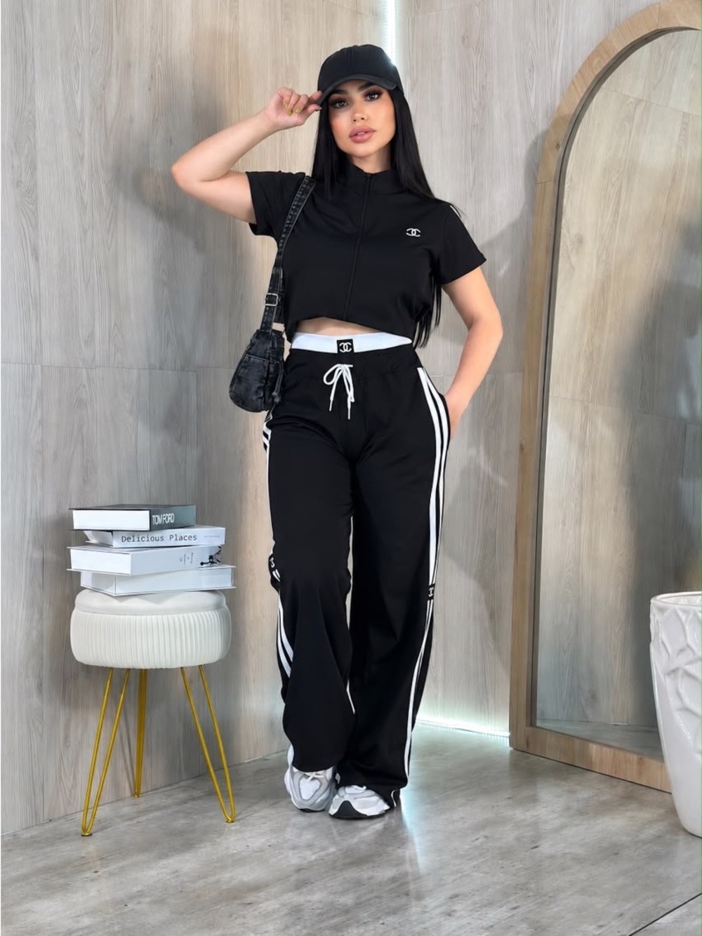 Black Wide-Leg Track Pants with White Stripes and matching top size S